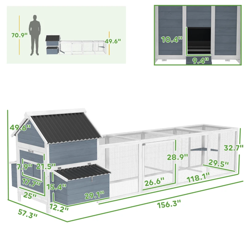 PawHut 156" Extra Large Wooden Chicken Coop with 2 Nesting Box, Run Cage, Waterproof Wave Roof, for 10-15 Chickens, Light Gray