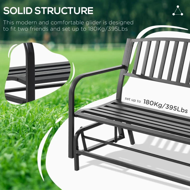 Outsunny Outdoor Glider Bench, Glider Bench for Outside Patio with Armrests, Slatted Seat & Backrest, Loveseat with Power Coated Steel Frame, Black
