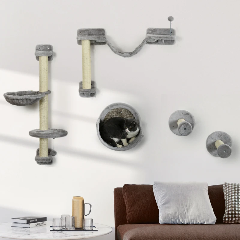 PawHut 5pc Cat Wall Shelves with Hammock, Perches, Ladder, Scratching Post