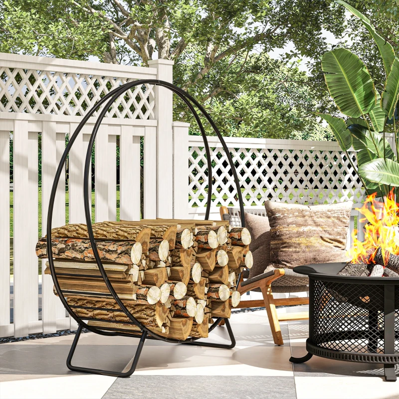 Outsunny 48" Firewood Rack with Waterproof Cover, Heavy Duty Wood Storage Holder Log Rack for Indoor Outdoor, Black