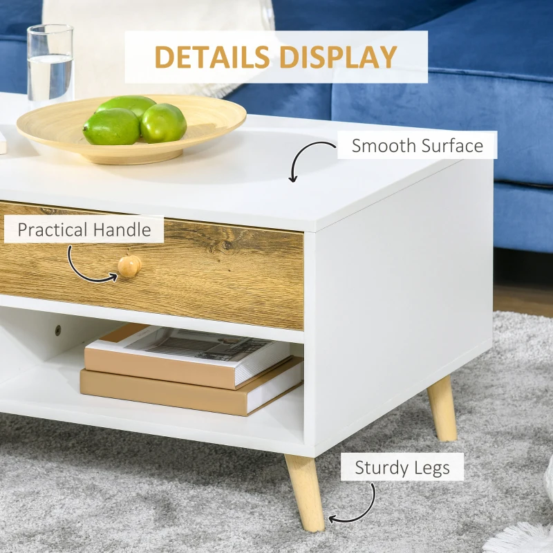 HOMCOM Coffee Table with Drawers and Shelves, Rectangular Center Table for Living Room, Bedroom, White and Brown