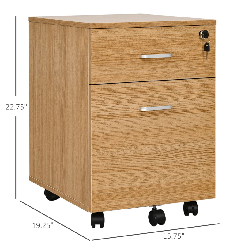 Vinsetto 2 Drawer File Cabinet with Lock and Keys, Mobile Vertical Filing Cabinet with Wheels and Drawers, Home Office Cabinet, Natural