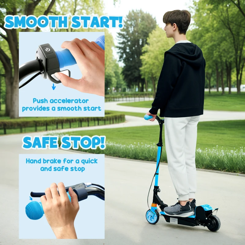Soozier Foldable Electric Scooter for Kids Ages 6-14, with Seat and 2 Adjustable Heights, Max 6km Range & 12km/h, Blue