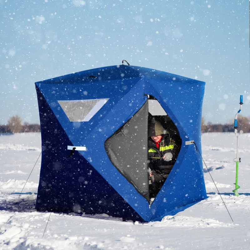 Outsunny 2-4 People Ice Fishing Shelter, Pop-Up Portable Ice Fishing Tent with Carry Bag, Two Doors, Windows and Vents, Ice Shanty for Winter Fishing, Blue