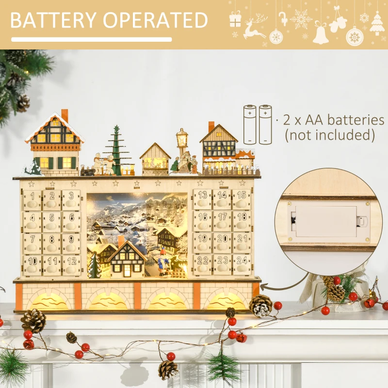 HOMCOM Christmas Advent Calendar, Light Up Table Xmas Wooden Store Holiday Decoration with Countdown Drawer, Village, for Kids and Adults, Natural