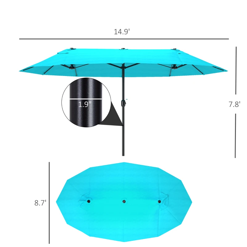 Outsunny Patio Umbrella 15ft Double-Sided Outdoor Market Extra Large Umbrella with Crank Handle for Backyard, Light Blue