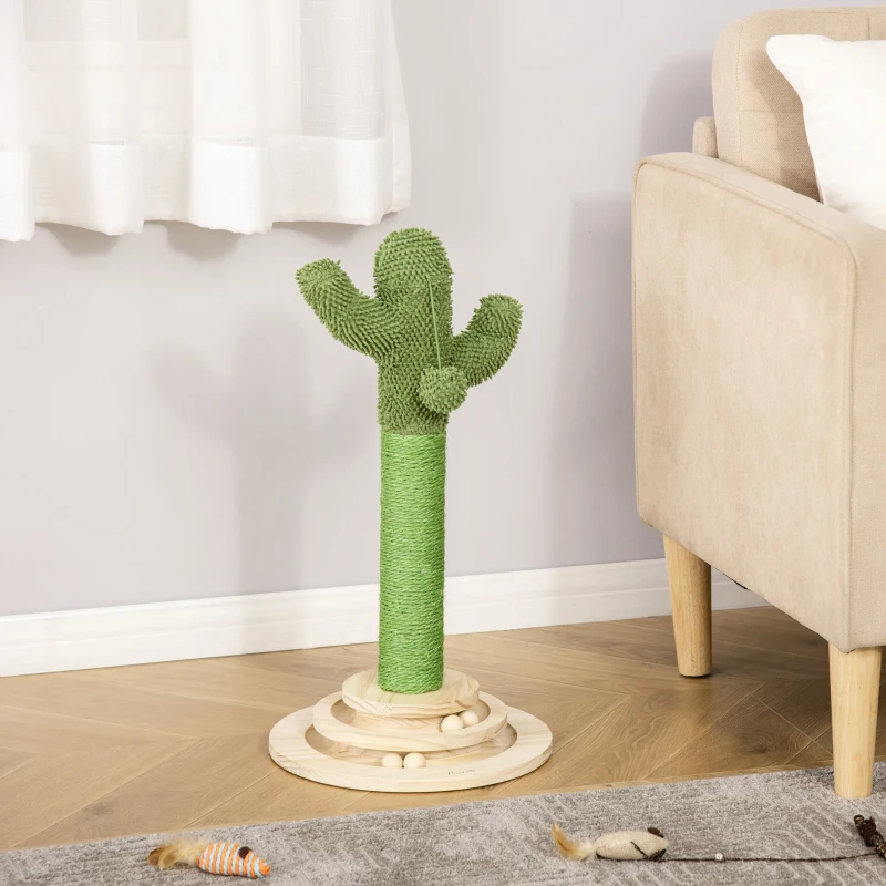 PawHut Cat Scratching Post, Cute Cactus Scratching Post, Nature Sisal Cat Scratcher with Ball Toys for Indoor Cats