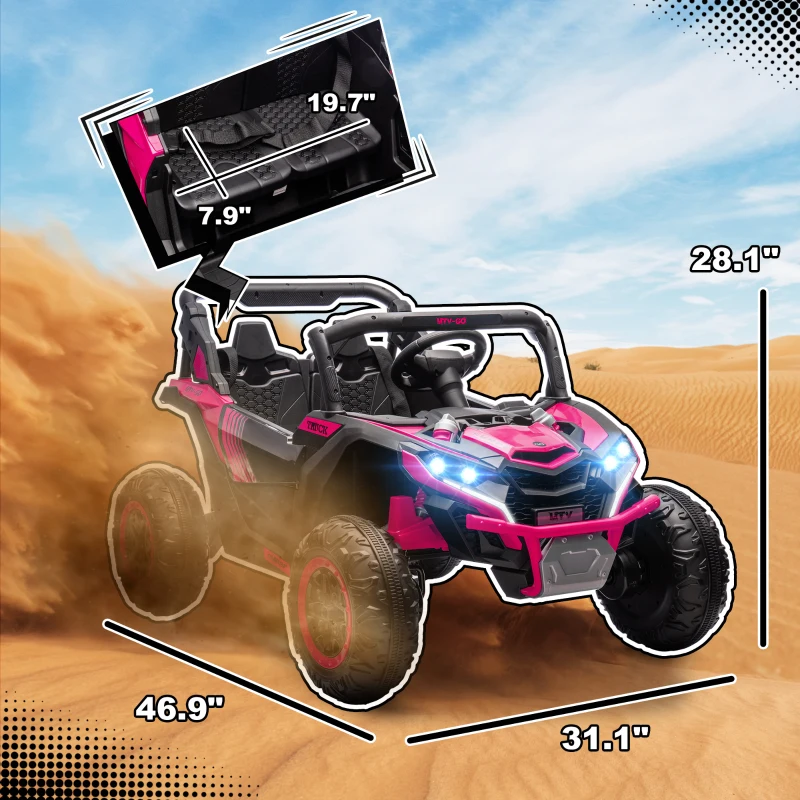 Qaba 24V 7AH Ride on Car, 2 Seater 4 MPH Ride on UTV with 4 Shock Absorbers, Music Horn LED Lights, for 3-8 Years, Pink
