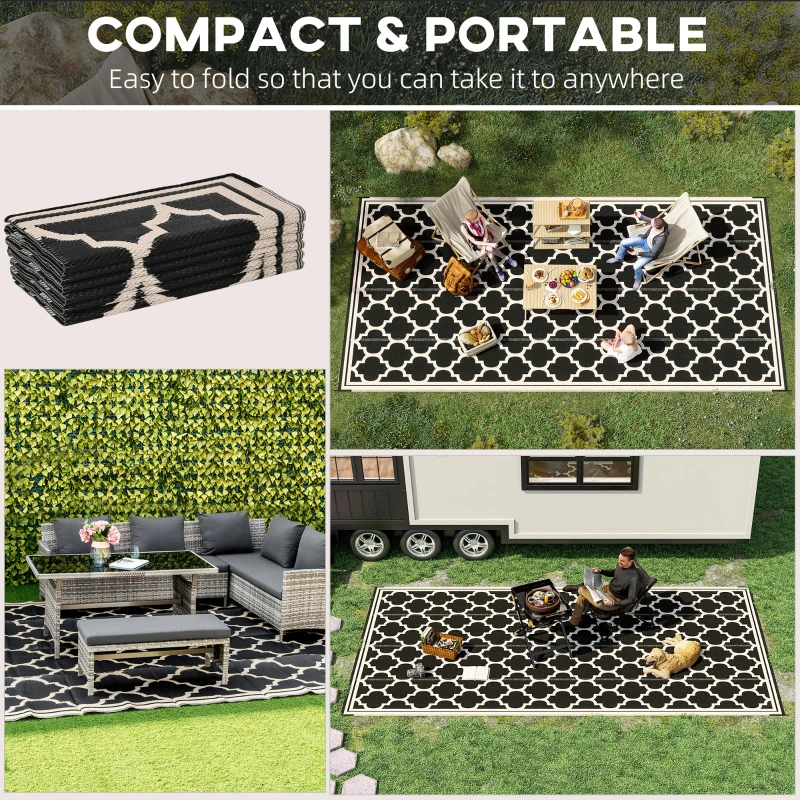 Outsunny Reversible Outdoor Rug, 9' x 18' Waterproof Plastic Straw Floor Mat, Portable RV Camping Carpet, Large Floor Mat for Deck, Backyard, Picnic, Beach, Black & Beige