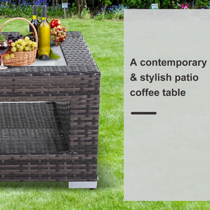 Outsunny 2-Tier Rattan Patio Coffee Table Outdoor Side Table PE Wicker Patio Garden Tea End Desk with Tempered Glass Top & Storage for Balcony, Backyard, Poolside