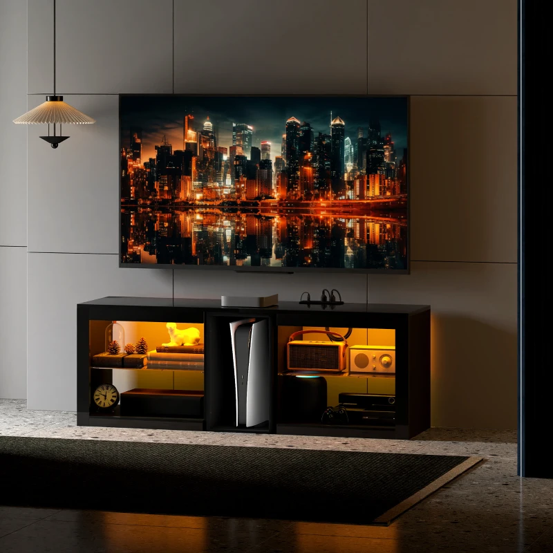 HOMCOM TV Stand Center for 55" with LED Lights and Power Outlets TV Television Cabinet with Adjustable Shelves High Gloss Black