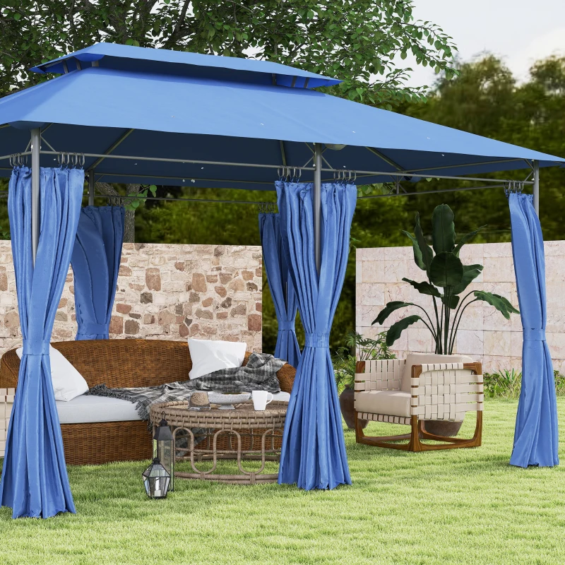 Outsunny 10' x 13' Double Roof Patio Gazebo, Outdoor Gazebo with Curtains, for Garden, Lawn, Backyard and Deck, Dark Blue