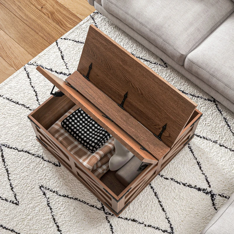 HOMCOM Farmhouse Coffee Table, Square Center Table with Flip-top Lids, Hidden Storage Compartment, Distressed Brown
