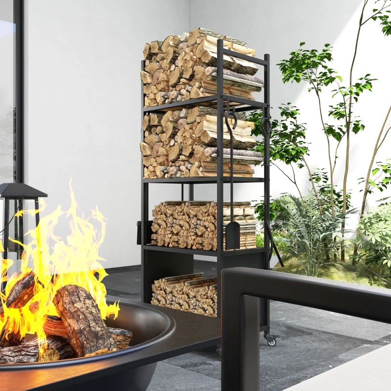 Outsunny 4-Tier Outdoor Indoor Firewood Rack with Wheels and 4 Tools, Powder-Coated Steel Wood Storage Rack Log Holder
