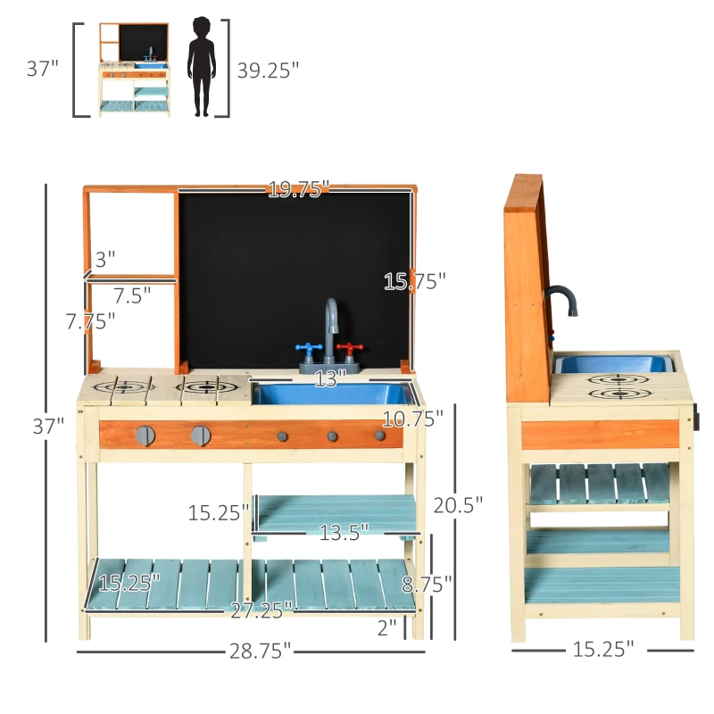 Qaba Kids Kitchen Playset, Wooden Pretend Play Kitchen Toy Set for Toddlers with Chalkboard, Removable Sink, Faucet, Storage Shelves, for 3-8 Years