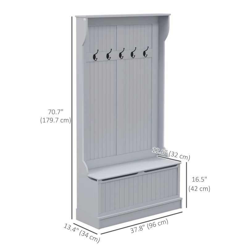HOMCOM Modern 3-In-1 Entryway Hall Tree with Coat Rack, Bench and Shoe Storage, 5 Hooks for Hallway, Living Room, Grey