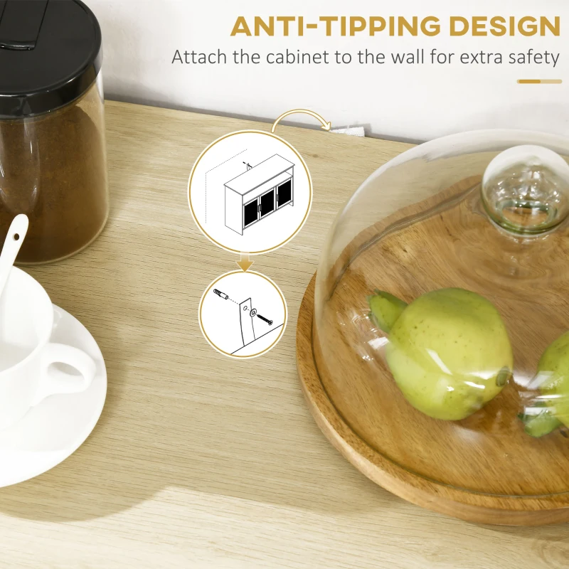 HOMCOM Kitchen Sideboard Cabinet with 3 Rattan Doors, Adjustable Shelves and Handles for Living Room, Hallway, Natural