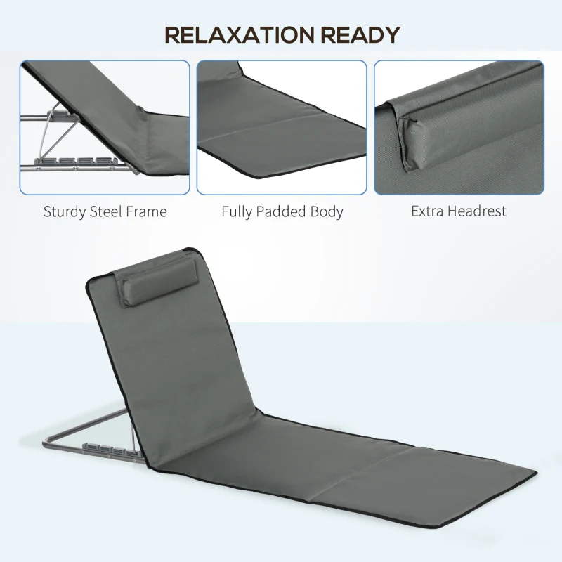 Outsunny Set of 2 Sun Lounger Beach Mat Folding Lounge Chair Mat with Adjustable Back Steel Frame Head Pillow Carry Bag Grey