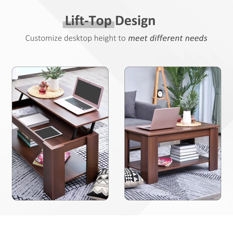 HOMCOM Modern Lift Top Coffee Table, Convertible Center Table with Hidden Storage Compartment and Storage Shelf for Living Room