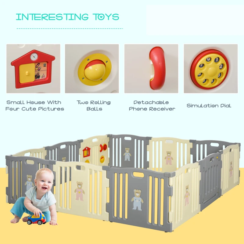 Qaba 12 Panel Baby Enclosure, Baby Playpen, Kids Play Pen Safety Gate Kids Activity Center Fence for Home Indoor w/ Toy