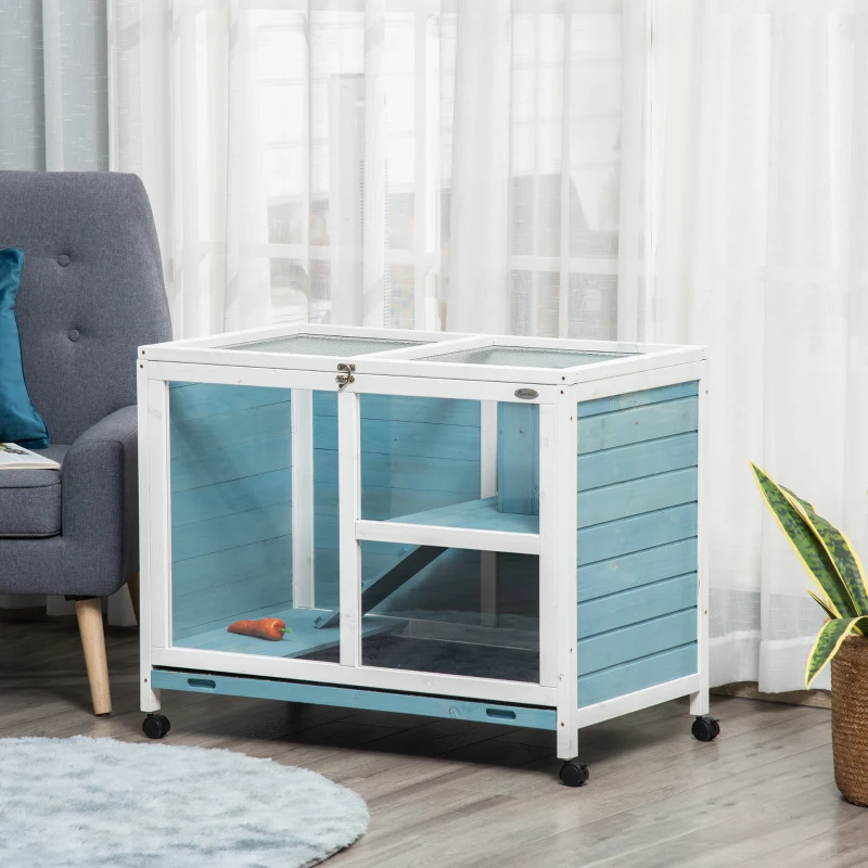 PawHut Indoor Rabbit Hutch with Wheels, Bunny Cage Guinea Pig House W/ Top Access, Ramp, Pull Out Tray, Blue