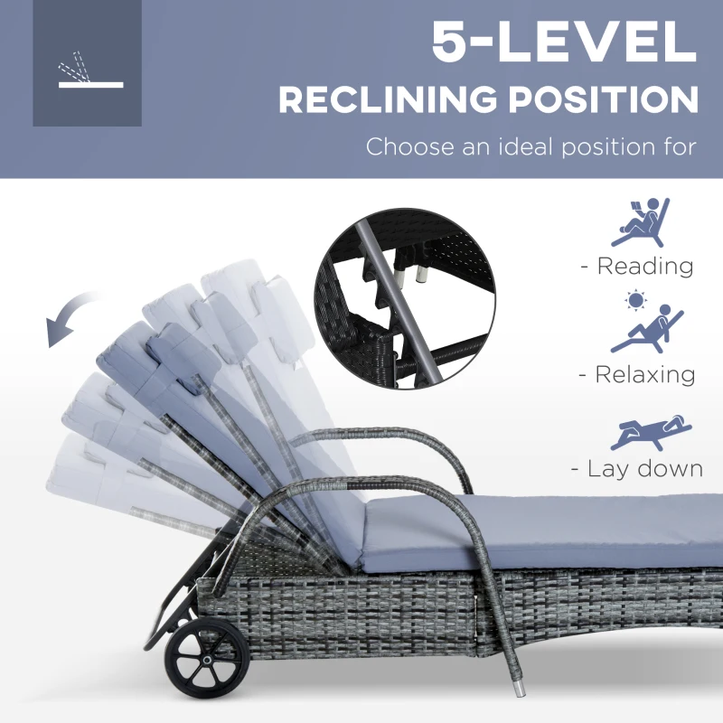 Outsunny Wicker Outdoor Chaise Lounge Chair Set of 3 with Side Table, 5-Level Adjustable Backrest PE Rattan Pool Lounge Chair with Wheels, Cushion & Headrest, Mixed Gray and Gray