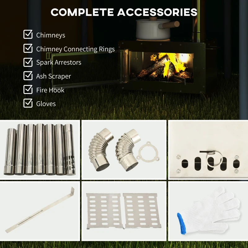 Outsunny Stainless Steel Wood Stove with Chimney and Carry Bag, Portable & Foldable, for Hot Tent, Camping, Cooking, Heating