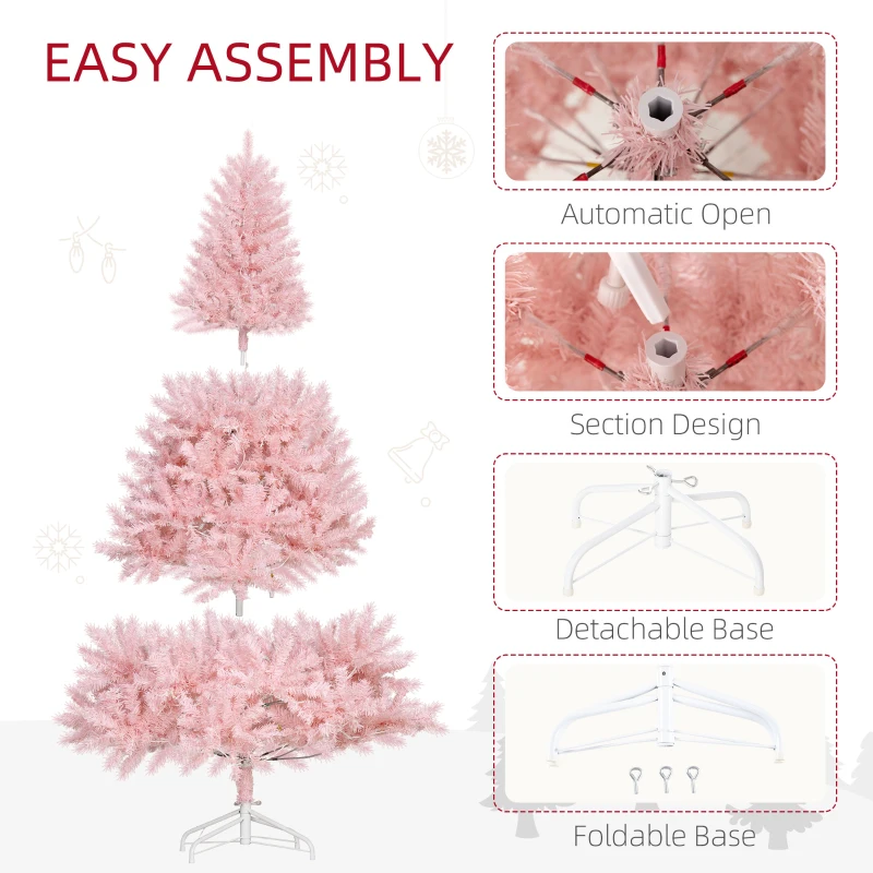 HOMCOM 6 FT Tall PreLit Artificial Christmas Tree with Realistic Branches, 250 Warm White LED Lights and 1000 Tips, Pink