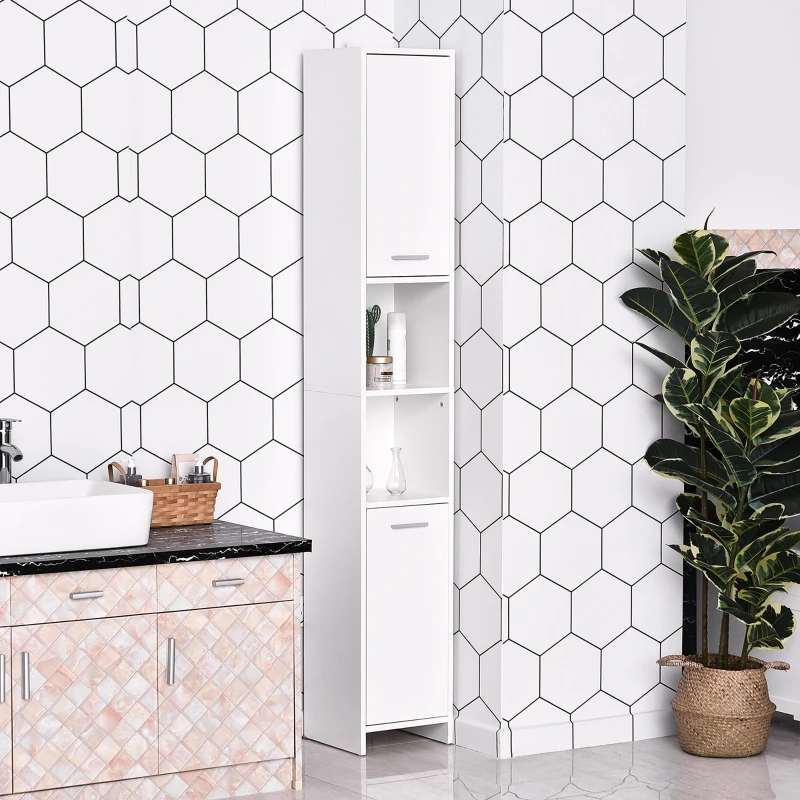 HOMCOM Tall Bathroom Vanities, Narrow Bathroom Cabinets with 2 Doors, Open Compartment and Adjustable Shelves, White