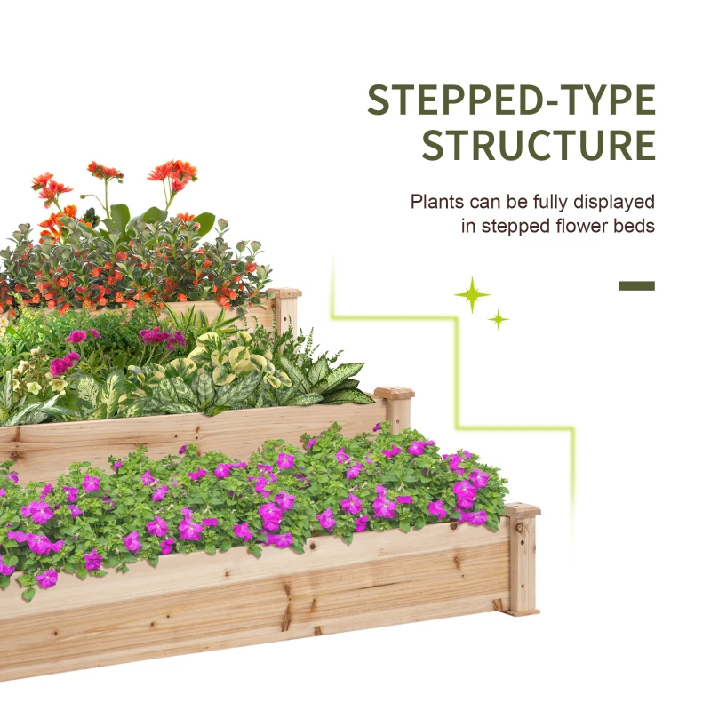 Outsunny 49"x49"x22" 3-Tier Raised Garden Bed Wooden Planter Kit Elevated Plant Box Stand for Yard & Patio, Natural