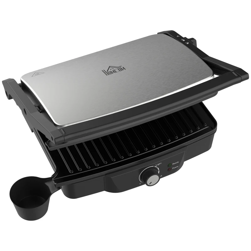 HOMCOM 4 Slice Panini Press Grill, Stainless Steel Sandwich Maker with Non-Stick Double Plates, Locking Lids and Drip Tray, Opens 180 Degrees to Fit Any Type or Size of Food 13.75"x12.75"x4.75"