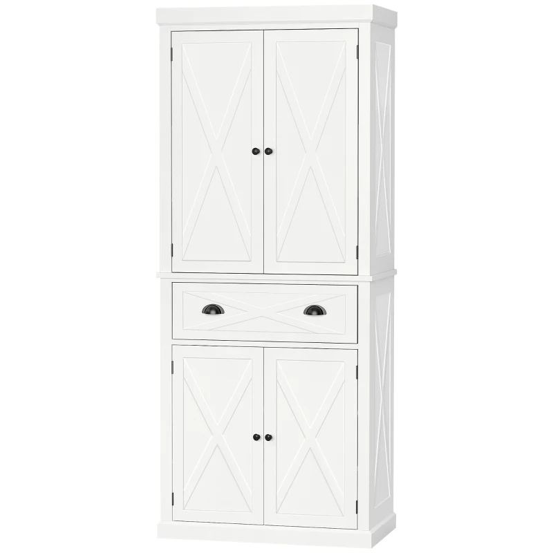 HOMCOM 72" Kitchen Pantry Storage Cabinet, Traditional Freestanding Cupboard with 4 Doors and 2 Adjustable Shelves, Large Central Drawer, X-Frame, White