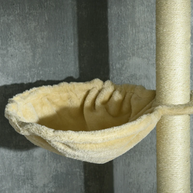 PawHut Floor to Ceiling Cat Tree, Cat Climbing Tower with Platforms, Bed, Hammock, Scratching Posts, Toy Balls, Beige