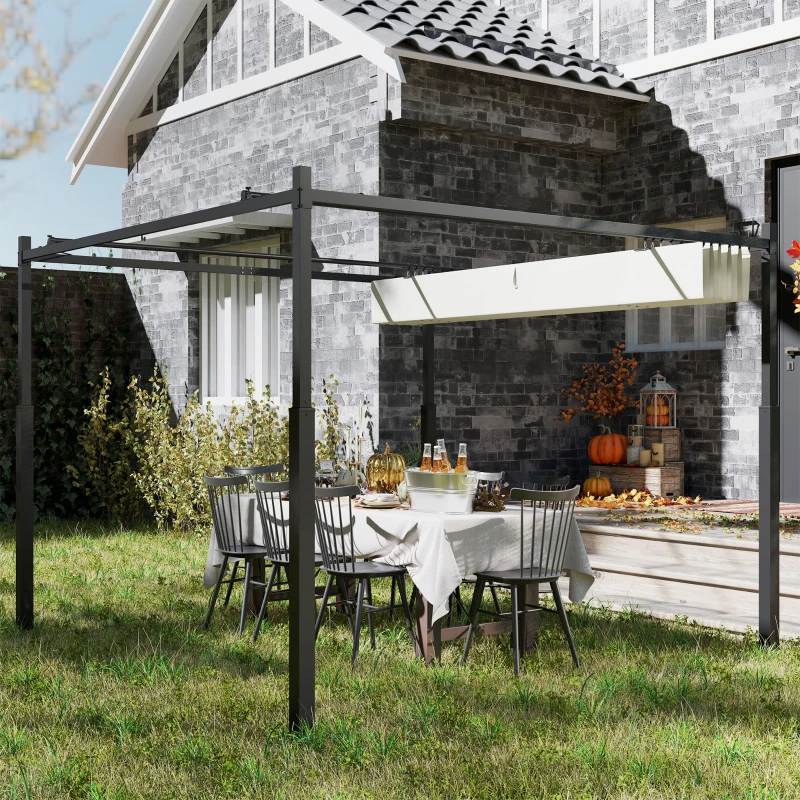Outsunny 10' x 10' Retractable Pergola Canopy with Magnetic Fixture, UPF30+ Outdoor Pergola, Cream White
