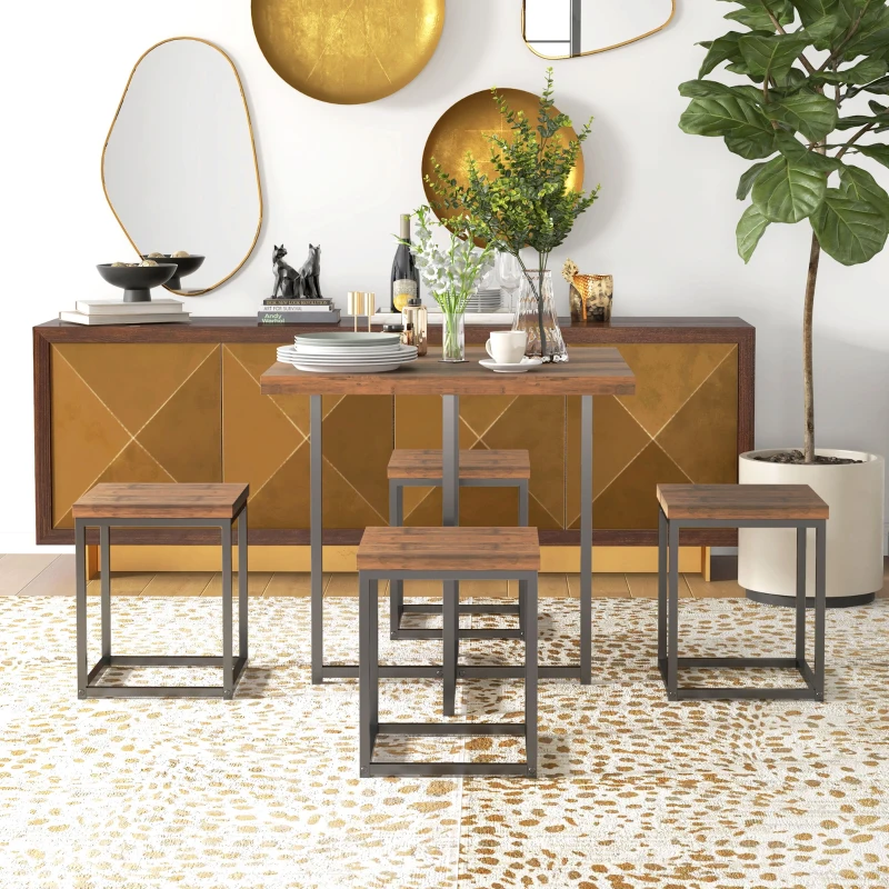 HOMCOM 5 Piece Dining Table Set for 4, Square Kitchen Table and Chairs, Dining Room Set for Small Space, Breakfast Nook, Walnut Wood Color