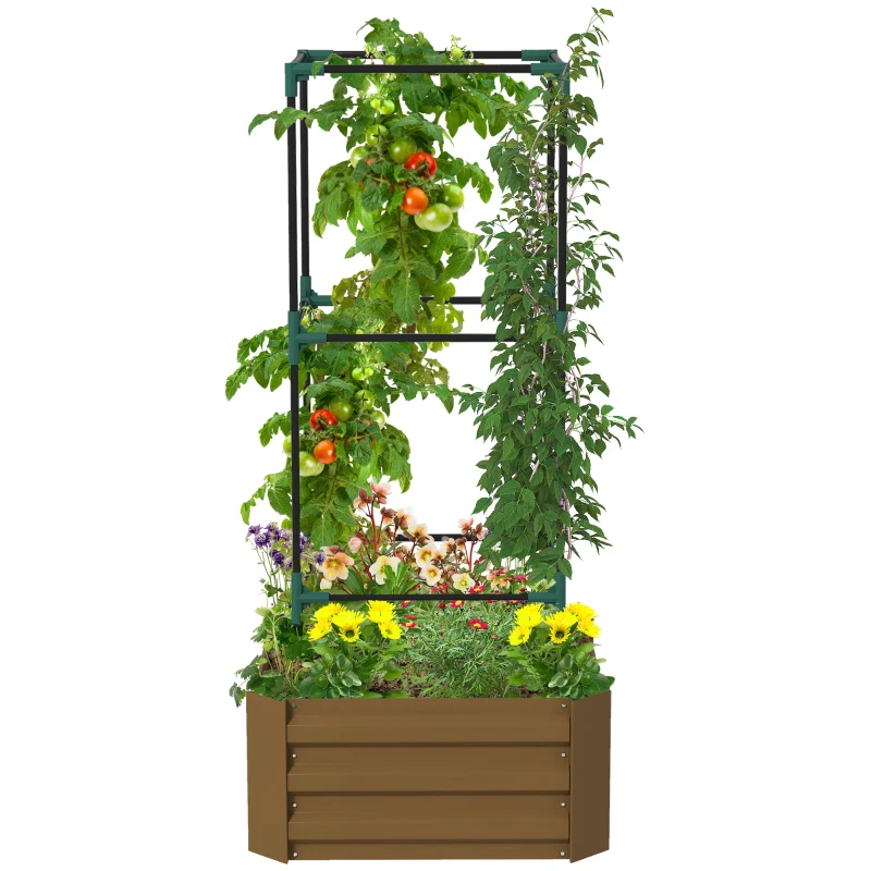 Outsunny Galvanized Planter Box, 24" x 24" x 55" Raised Garden Bed with Tomato Cage for Climbing Vines, Brown