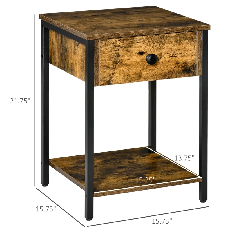 HOMCOM Industrial Side Table, End Table with Drawer and Storage Shelf for Living Room, Rustic Brown