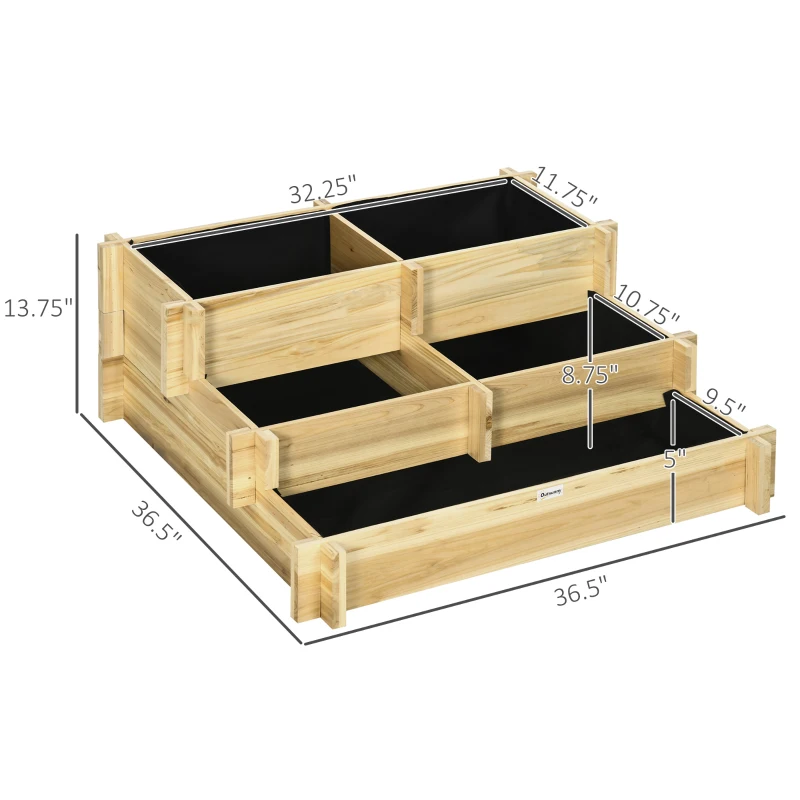 Outsunny 3 Tier Raised Garden Bed, Water Draining Fabric for Soil, Elevated Wood Flower Box for Vegetables, Herbs, Natural