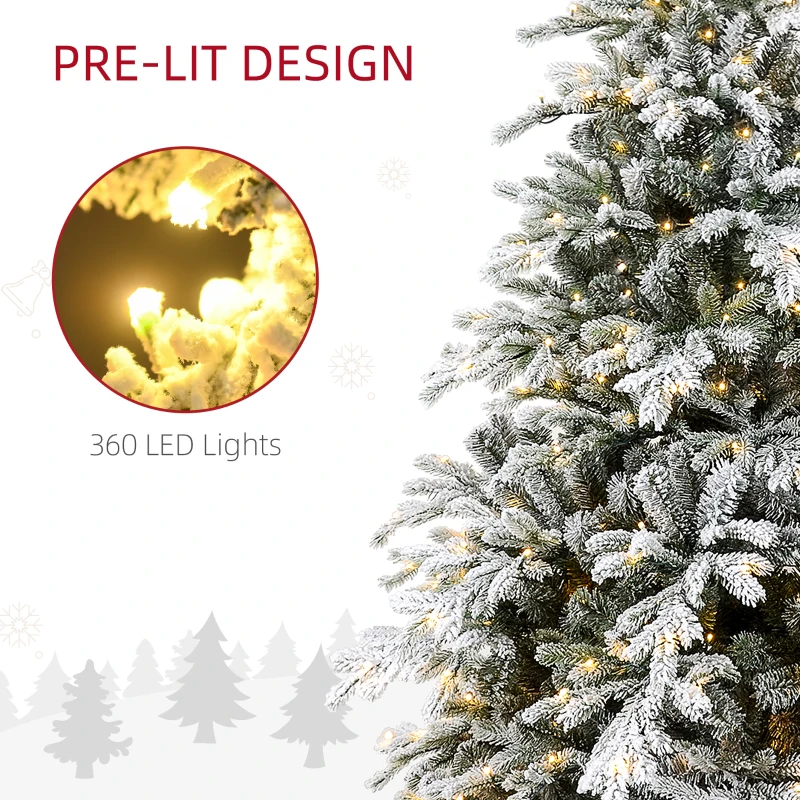HOMCOM 7ft Artificial Prelit Christmas Tree with Warm White LED Light and Snow Flocked Branches, Metal Base