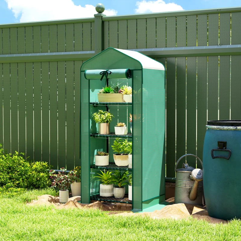Outsunny Mini Greenhouse with Screen Roof, 4 Tier Portable Small Greenhouse with High Strength PE Cover, Green
