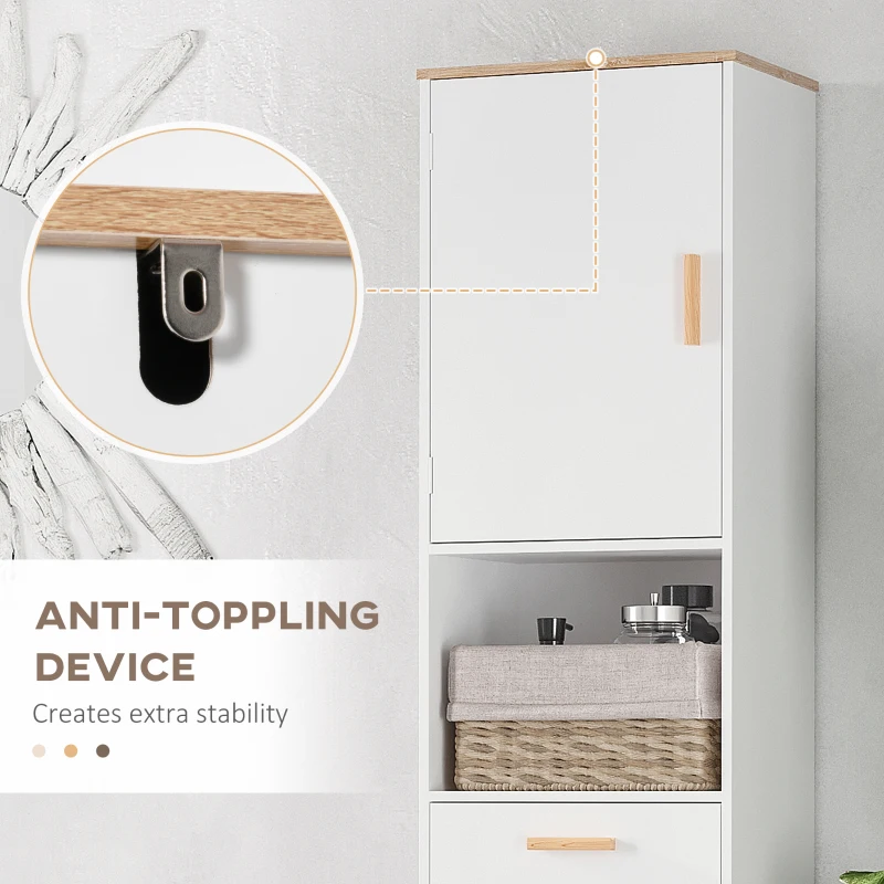kleankin Bathroom Storage Cabinet with Cupboards and Drawer, Floor Free Standing Linen Tower, Tall Slim Side Organizer Shelves, White