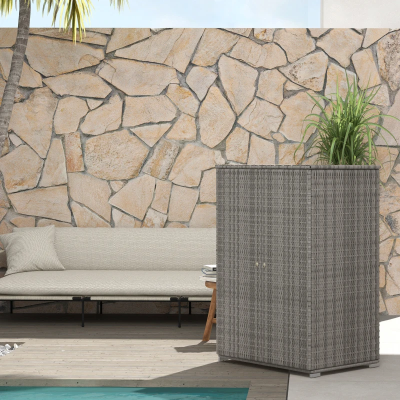 Outsunny Wicker Outdoor Storage Cabinet, 2-Door Rattan Pool Towel Storage Cabinet with Drawer & Removable Shelf, Dark Grey