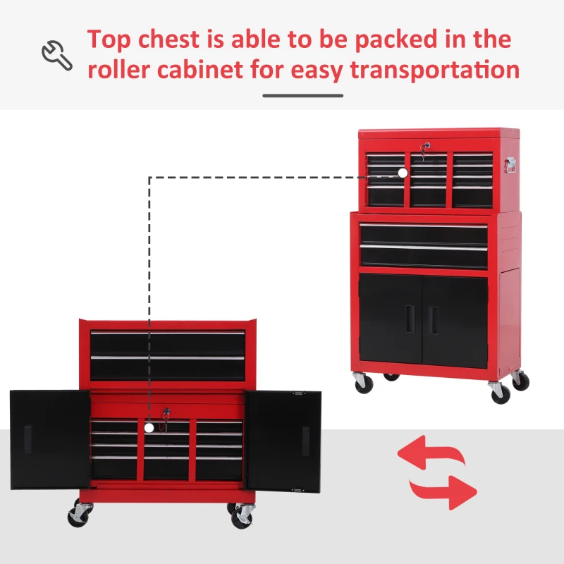 HOMCOM 6-Drawer Rolling Tool Chest, 2 in 1 Lockable Storage Cabinet with Hooks, Metal Tool Box for Garage, Workshop, Red