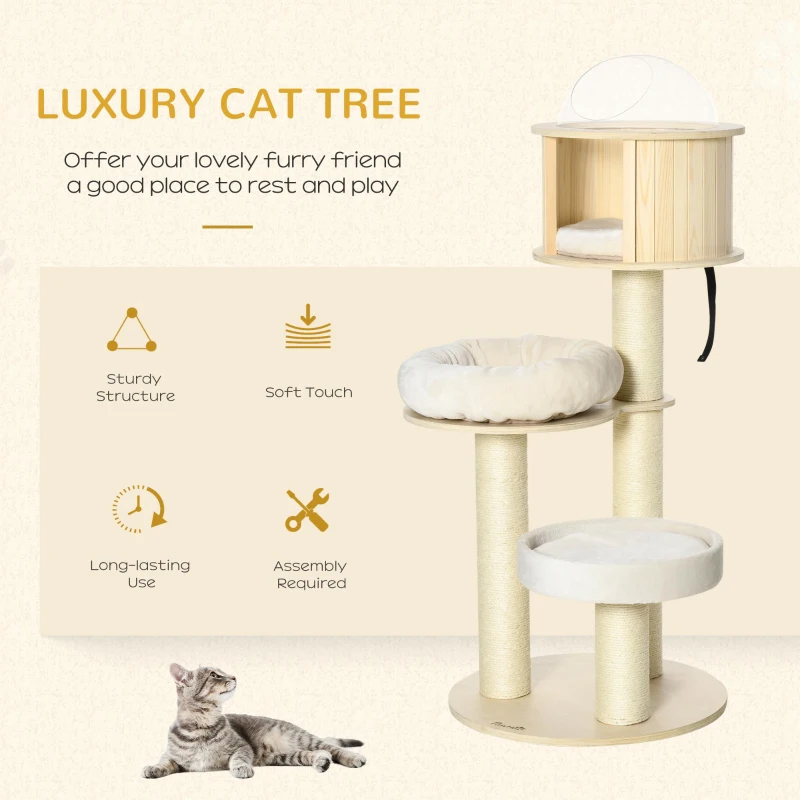PawHut 55" Cat Tree, Wood Cat Tower for Indoor Cats with Scratching Post, Condo Bed, Natural