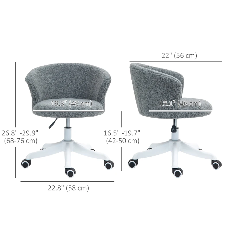 Vinsetto Armless Office Chair, Fluffy Computer Desk Chair with Adjustable Height, Swivel Wheels, Mid Back, Grey