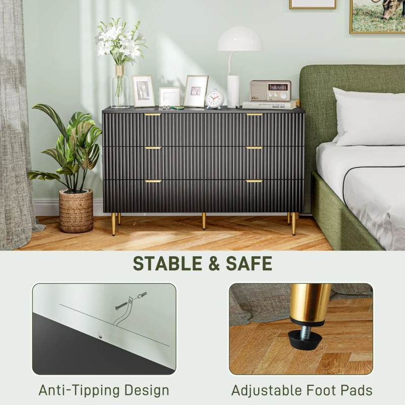 HOMCOM Modern Chest of Drawers 6 Drawer Dresser for Bedroom with Gold Legs and Handles, Black