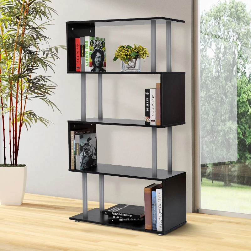 HomCom Modern S-Shaped 5 Tier Room Dividing Bookcase Wooden Storage Display Stand Shelf - Black
