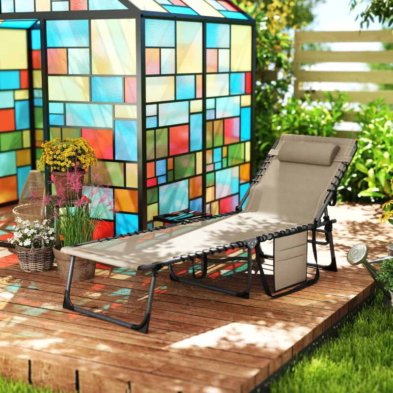 Outsunny Folding Outdoor Chaise Lounge Chair Tanning Chair with 5-Level Adjustable Back, Side Table, Pillow, Pocket, Beige