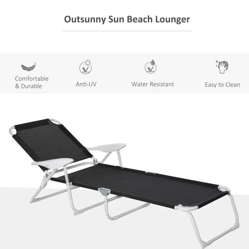 Outsunny Folding Lounge Chair, Portable Outdoor Chaise Lounge, Sun Tanning Chair with 4-Position Reclining Back, Armrests, Metal Frame and Mesh Fabric for Beach, Yard, Patio, Black