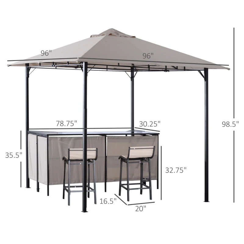 Outsunny 8' x 8' 3-Piece Patio Bar Set with Gazebo Canopy 2 Bar Stools and Bar Table with Storage Shelf for Poolside, Backyard, Garden